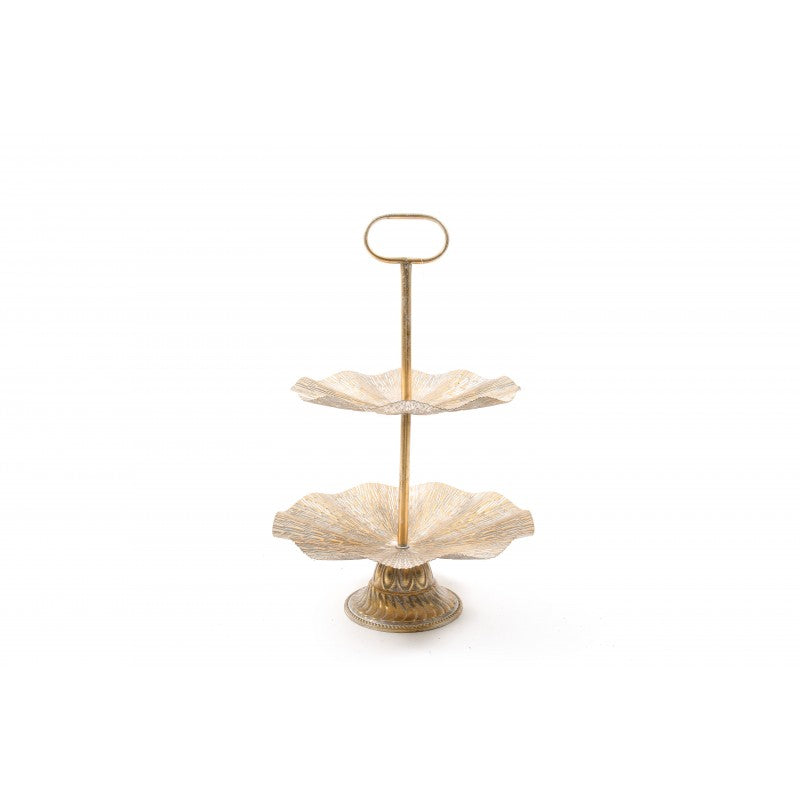 Alzata 2 Ripiani In Metallo Bianco Oro H 50 Cm