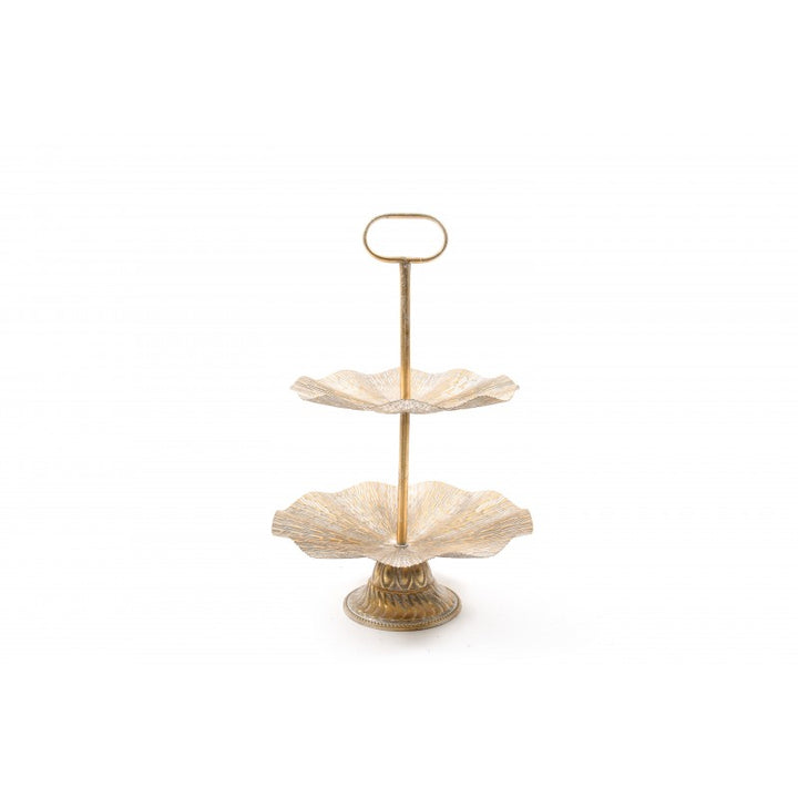 Alzata 2 Ripiani In Metallo Bianco Oro H 50 Cm