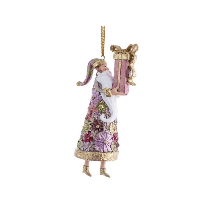 Babbo natale con regalo fuxia pendente 14cm decorato a mano