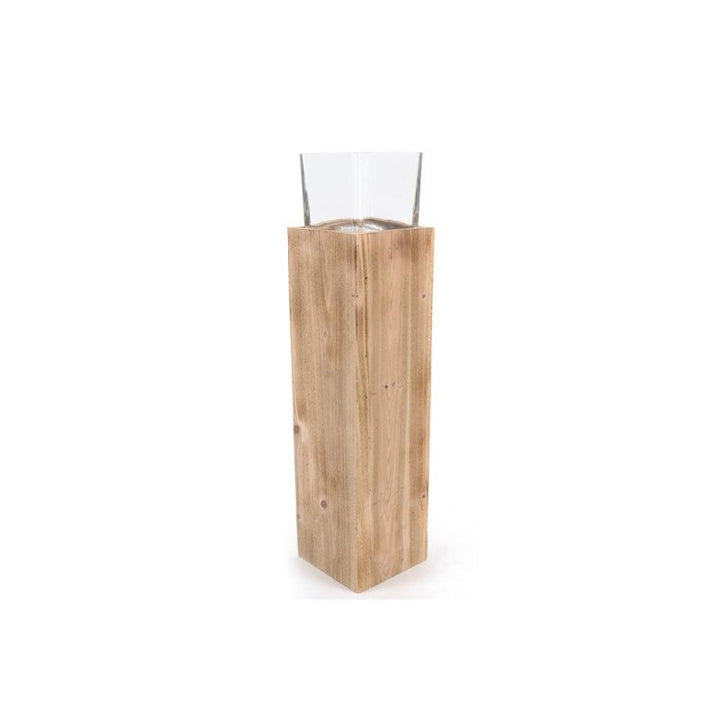 Colonna p/candela grande in legno cubo in vetro