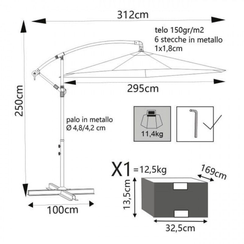 Ombrellone Eris  P/L Ø 3cm Palo Nero Telo Beige