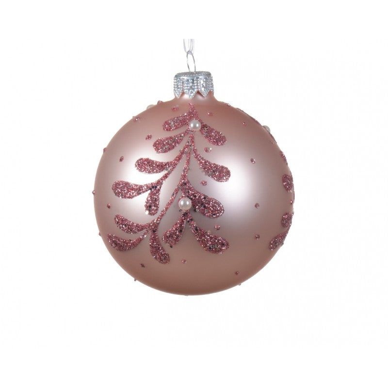 Palla di Natale in vetro rosa cipria con foglie