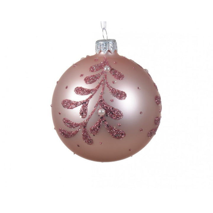 Palla di Natale in vetro rosa cipria con foglie