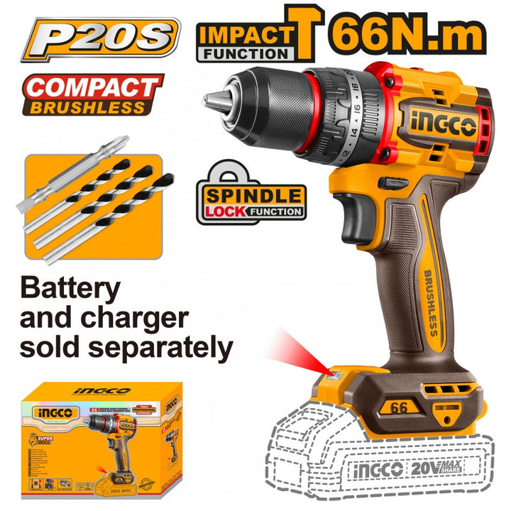 Trapano a percussione a batteria brushless 66n.m nudo