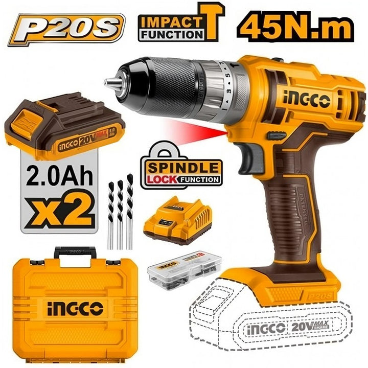Trapano Avvitatore 20v Con 2 Batterie e 47 Accessori